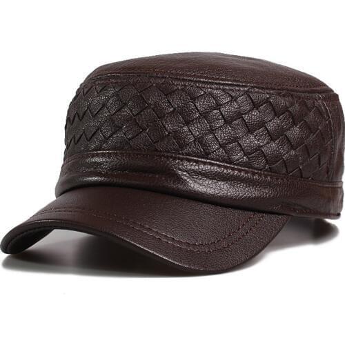 Mens Sheepskin Baseball Hats Male Flat-topped Genuine Leather Hat Mens Latticed Middleaged Warm Baseball Hat Adjustable B-9485