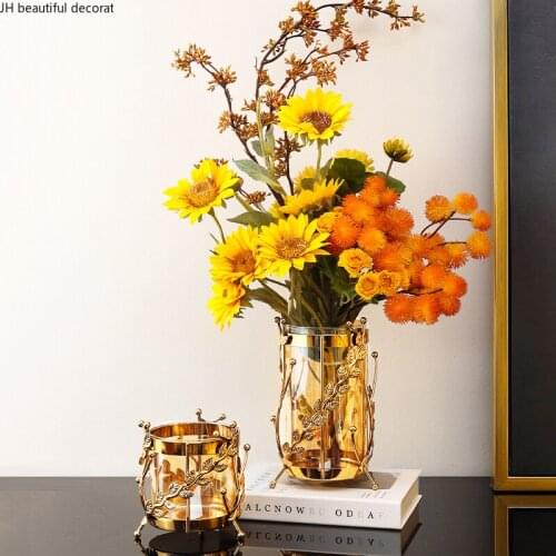 Nordic Light Luxury Glass Vase Decoration Electroplating Alloy Flower Branch Crafts Countertop Vase Living Room Home Decoration