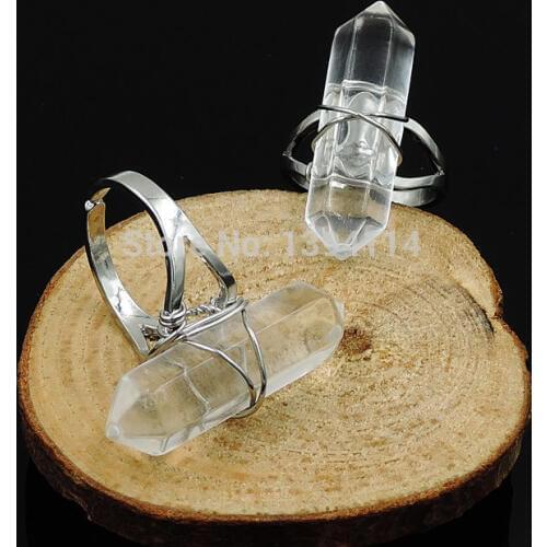 Clear Quartz Crystal Hexagonal Column Double Points Ring With Wire Wrapped Of Plating Gold And Silve r Adjustable Approx 32*9 mm