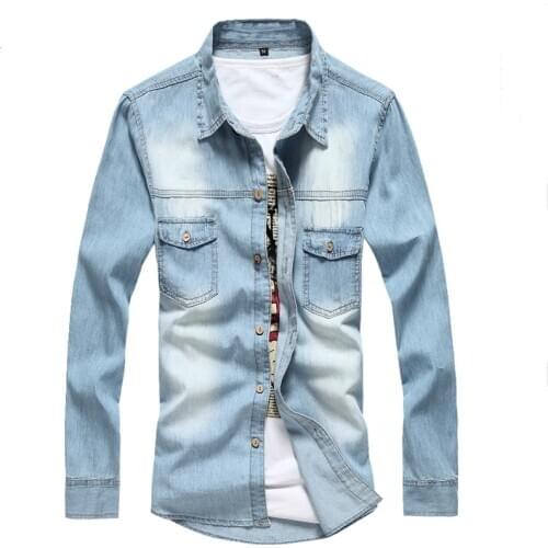 2020 spring and autumn new long-sleeved denim shirt jacket Pure color slim slim casual all-match shirt Classic double pocket top