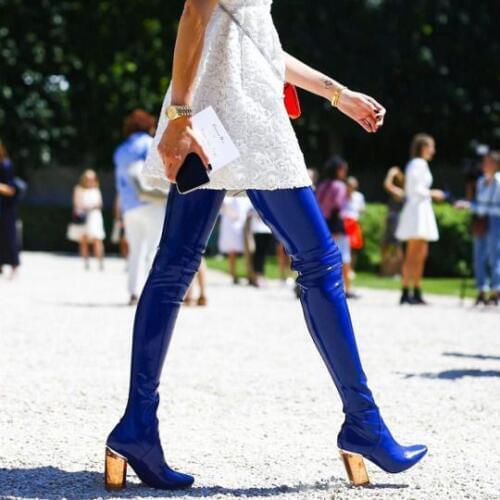 2018 Super Hot Blue Patent Leather Women Sexy Thigh High Boots Pointy Toe Colorful Crystal Chunky Heel Knight Boot Over The Knee