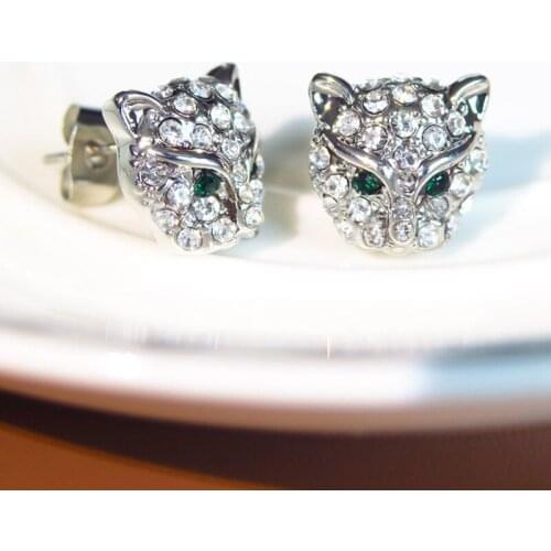 Hip Hop Jewelry Cool Rhinestone Animal Party Earrings Hot Sale Silver Color Leopard Head Stud Earrings For Women Men Gift