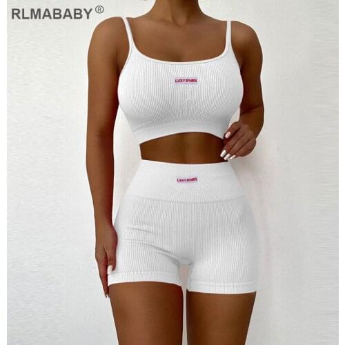 RLMABABY 2 Piece Set Women Knit Rib Cropped Camisole And High Waist Tracksuit Suit Casual Sport Sexy Slim Embroidery Outfits Set