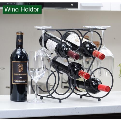 Tabletop Freestanding 4 Wine Glass Metal Rack Countertop 5 Wine Bottles Holder Display Stand Wine Rack