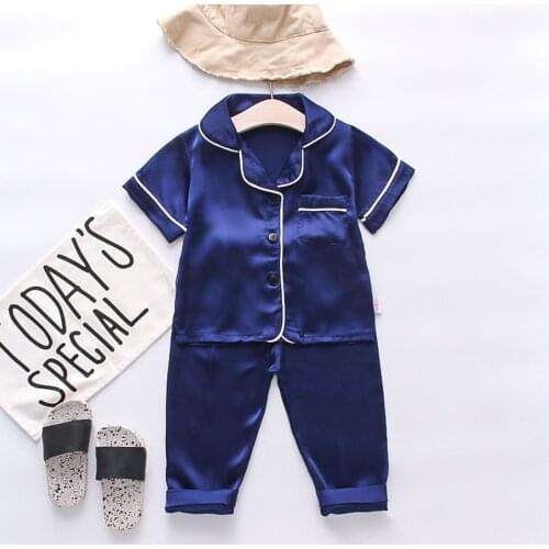 TELOTUNY Kids Baby Boys Girls Solid Satin Pajamas Sets Short Sleeve Silk Comfort Home Sleepwear+Long Pants Summer Pijamas