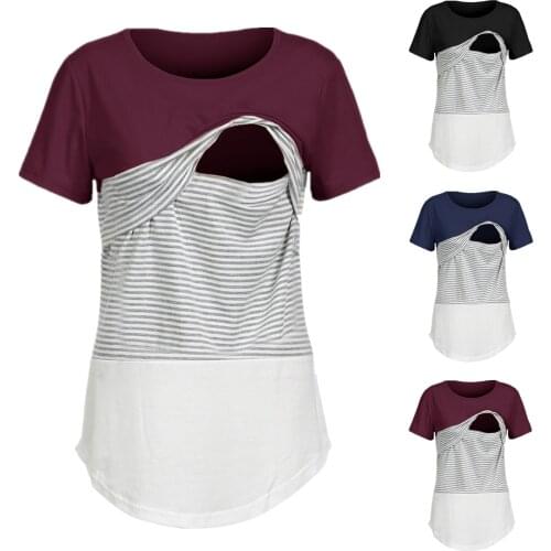 Maternity Tops For Pregnant Stripe Splicing O-neck Short Sleeve T-shirt Pregnant Women Blouse Tops Nursing Breastfeeding Tops
