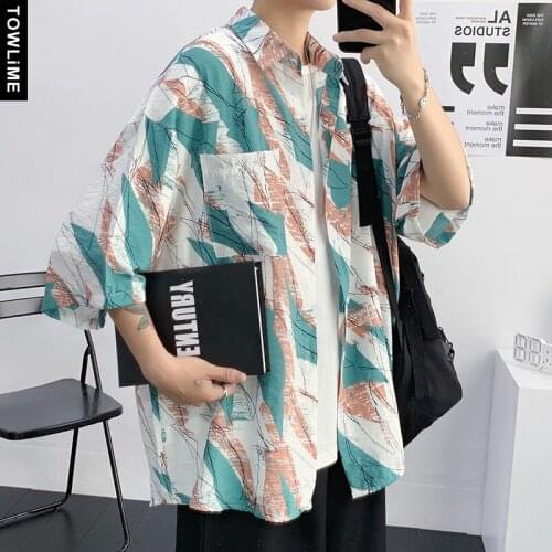 Harajuku Streetwear Mens Geometric Printed Short Sleeve Loose Shirts 2021 Summer Fashions Couple Casual Tops Women Blouse