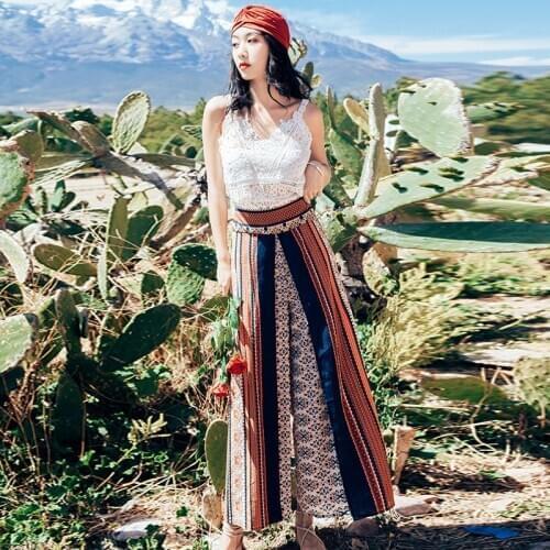2020 New Boho Summer Ethnic Style High Elastic Waist Printed Flared Bell Bottom Fashion Women Vintage Soft Long Pants
