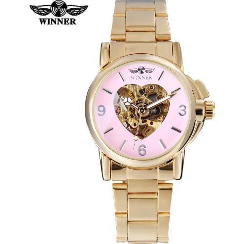 2016 WINNER famous brand women watch fashion automatic self wind watch skeleton pink dial transparent glass stainless steel band