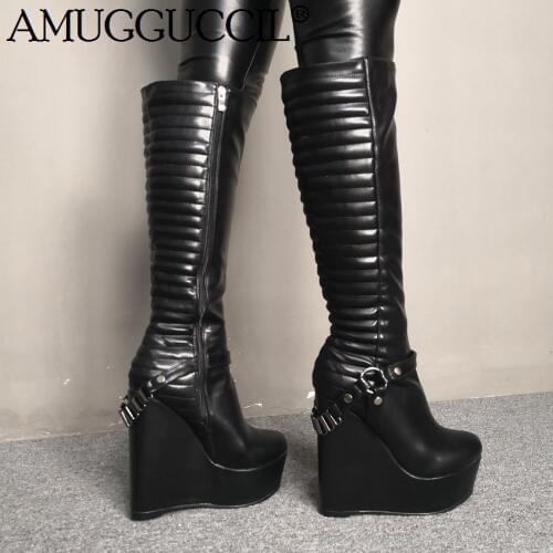 2020 New Plus Big Size 34-48 Black Zip Fashion Sexy Knee High Heel Wedges Autumn Winter Ladies Females Women Boots X1837