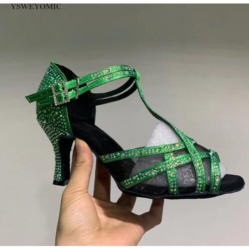 Crystal Green Dance Shoes Satin Latin Salsa Shoes 2021 Super Flexible Professional High Medium Heel 3 inch Latin Shoes For Women