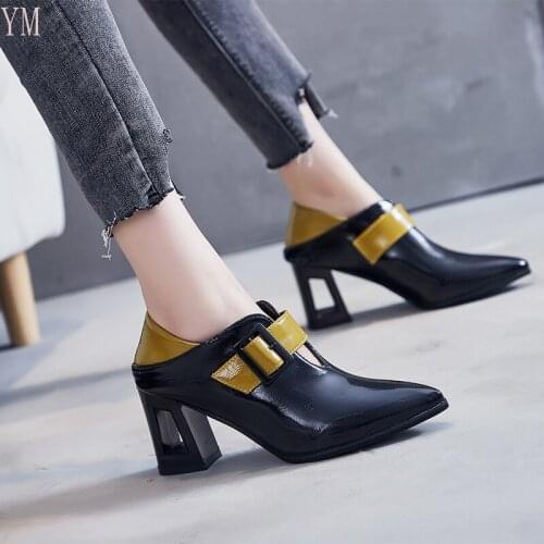 Lady Gladiator High Heels Women Pumps Natural Buckle Fretwork High Heel Shoes Pointed Toe Shoes Square Heel Casual Black Shoes