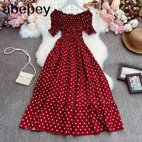 2021 New Summer Women Slash neck Off-shoulder Floral Chiffon Dress waist slim mid length Dress big skirt Dress