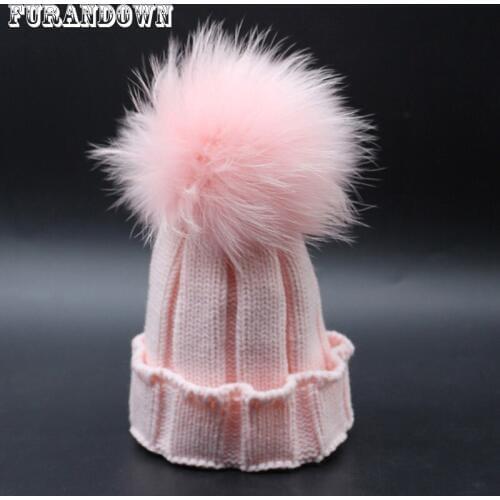 2019 New Winter Cap Kids Dyed Color Fur Pompom Hat Baby Girls Hat Striped Knitted Skullies Beanies For Children