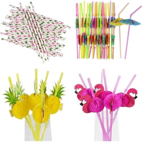 25Pcs Hawaii Tropical Umbrella Flamingo Pineapple Disposable Straws Cocktail Juice Supplies Hawaii Party Beach Drinking Decor