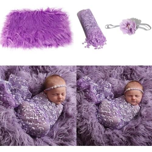 3Pcs/Set 0-3Month Newborn Photography Props Baby Headband+Fur Blanket+Lace Wrapper Costume Clothing Shoot Studio Accessories