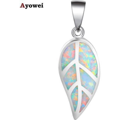 Ayowei Hot Sell New Style Tree Leaf White Fire Opal Stamped Silver Pendants for Women Fashion Jewelry Pendant OP679A