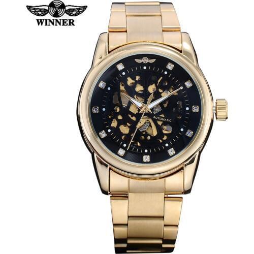 WINNER men fashion luxury mechanical watches steel band gold case casual brand skeleton automatic wristwatches relogio masculino