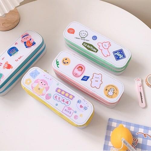 Double Layer Pen Case With Sticker Large Capacity Stationery Storage Box Creative Student Pencil Bag School Supplies