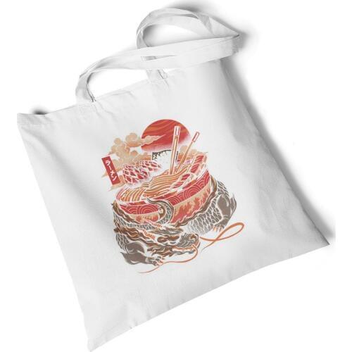 Focal20 Streetwear Food Ramen Sushi Print White Canvas Bag Women Casual Canvas Bag Shopping Shoulder Bag Tote Student Bookbag