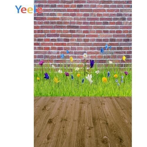 Spring Flowers Lawn Brick Wall Wooden Floor Baby Portrait Photography Backdrops Custom Photographic Backgrounds For Photo Studio
