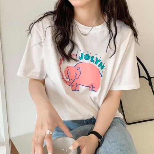 Pink Elephant Printed T Shirts Women 2021 Summer New Korean Chic Loose Girls Tees Soft Oversized Female Cotton Tops White