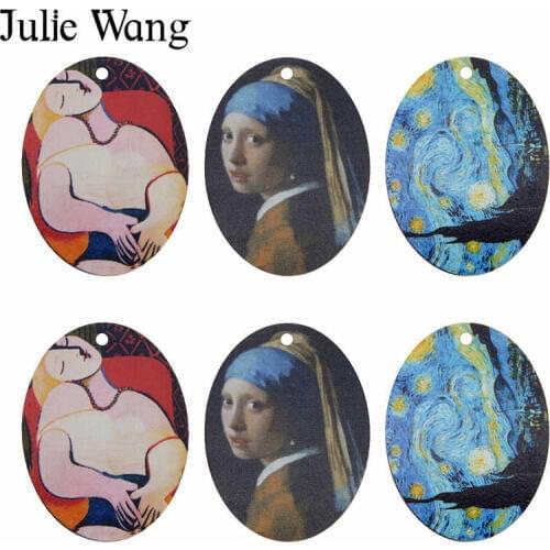 Julie Wang 3PCS Oval World Famous Oil Painting Charms Wood 30*40mm Pendant Bracelet Necklace Jewelry Making Accessory