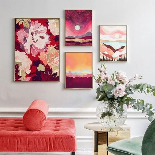 Japanese Cherry Blossom Tones Landscape Sunrise Mountain Canvas Painting Posters and Prints Wall Art for Room Home Decoration