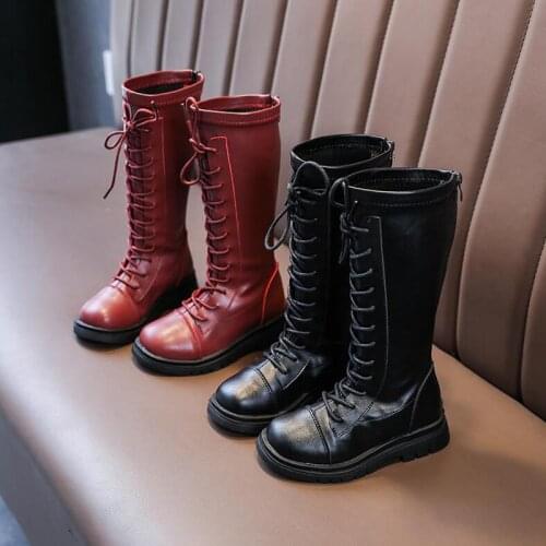 2021 Autumn Kids Soft PU Leather Boots Girls Cross-Tied Martin Boots Black Knee-High Boots Size 26-36