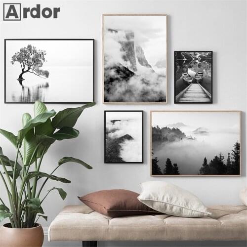 Lake Boat Nature Scenery Canvas Print Foggy Forest Mountain Black And White Wall Art Poster Painting Nordic Picture Home Decor