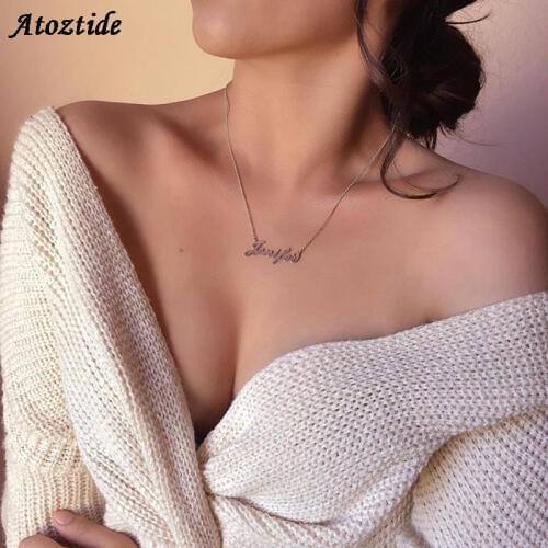 Atoztide Simple Stainless Steel Personalized Custom Name Necklace Gold Choker Crystal Necklace Pendant Nameplate Gift For Lover