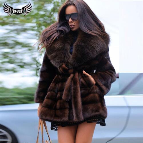 Luxury Women Mink Fur Coat With Belt Fashion Winter Overcoats High Quality Genuine Mink Fur Jacket With Big Fox Fur Lapel Collar