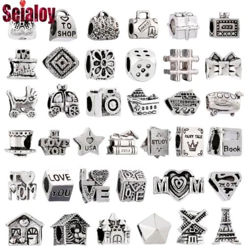 Seialoy Silver Color Cartoon Square Beaded Tote Book House Boat Aircraft Car Beads Fit Diy Bracelets Jewelry Making Accessories