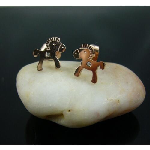 Hot Sale Horse With Rhinestone CZ Rose Gold Color Titanium Steel Stud Earrings Free Shipping