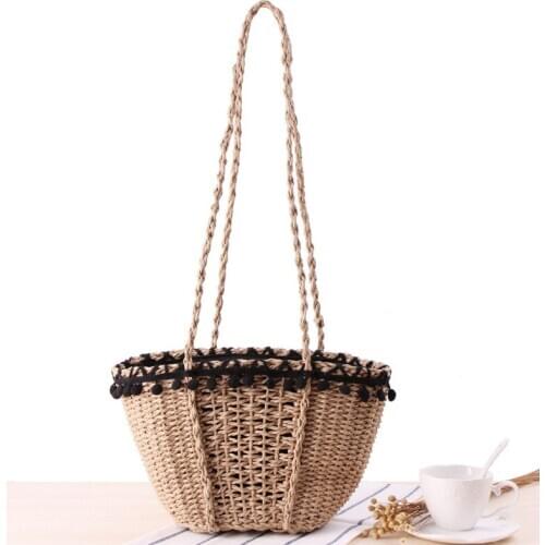 Women Straw Beach Bag With Pompom Ball Cool Handmade Ladies Shoulder Bag Travel Seaside Holidays