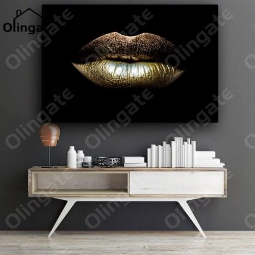 Modern Sexy Women Lips Canvas Painting Black and Gold Makeup Art Canvas Posters Print One Piece Wall Art Picture Home Room Decor