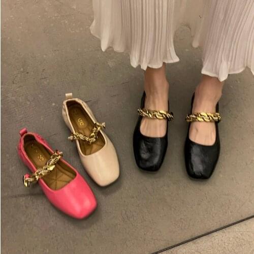 Women Flats Square Toe Mary Janes Shoes Metal Boat Shoes Leather Ballet Flats Shallow Single Shoe For Ladies Autumn Spring 9328N