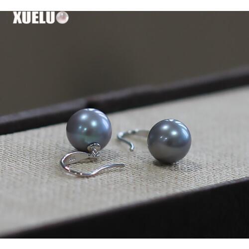 XUELUO Fashion 925 Sterling Silver 11mm Natural Perfect Round Grey Freshwater Pearl Earrings