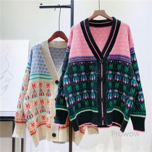 Retro Jacquard Knitted Cardigan Women Loose Long Sweater Jacket Female Spring Autumn Cardigan Korean Fashion Loose Knitwear Tops