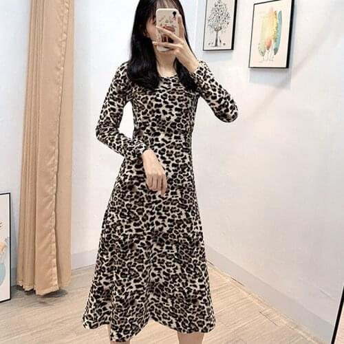 2021 Spring Autumn Long Sleeve Dresses Women Leopard Dresses O-neck Sheath Midi Dress Solid Black Dress