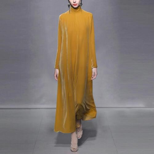 Winter Long Velvet Dress Women Turtleneck Long Sleeve Casual Loose Maxi Vintage Yellow Fleece Dresses Vestido