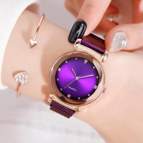 Golden Elegant Magnet Buckle Rhinestones Luxury Starry Sky Numeral Women Watch Black Ladies Wristwatch Clock Gift orologio donna