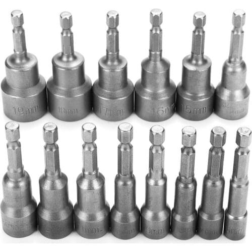 14pcs 1/4'' Socket Magnetic Nut 6-19MM ilver Grey Adapter Drill Bit Driver Set For Power Drills Steel SHex Shank Magnet Holds