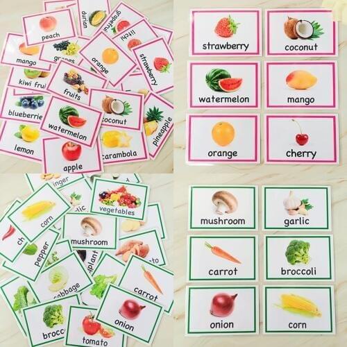 48 Groups/set Learing English Flashcards Pocket Cards Fruit and Vegetable Games Montessori Card Educational Toys For Children