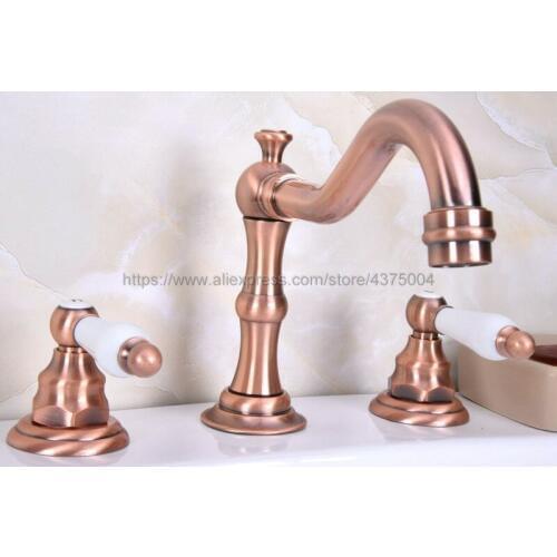 Bathroom Antique Red Copper Faucet 3 Hole Double Handle Basin Sink Mixer Tap Widespread Bathroom Basin Faucet Nrg060