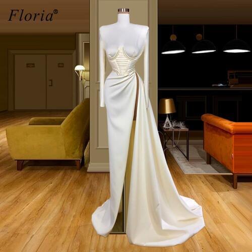 Two Designs White Evening Dresses Long Sleeves High Neck Celebrity Dresses Evening Wear Arabic Party Gowns Vestidos Formales
