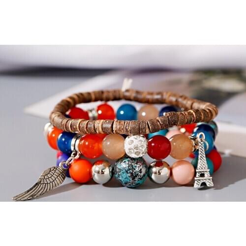 Bohemain 3Pcs/Lot Womens Bracelets Ethnic Vintage Wing Tower Pendant Natural Stone&Wood Beads Wrap Bracelets Summer Jewelry