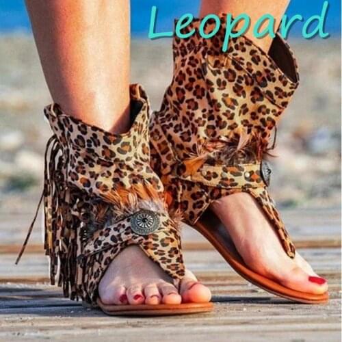 Rome Flat Shoes Female Boho Retro Clip Toe Tassel Feather Leopard Ladies Boots Summer Fashion Casual Non-Slip Womans Sandals