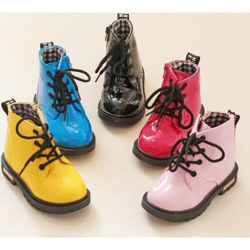 Baby Boys Girls Shoes Autumn Winter PU Leather Lace Up Waterproof Motorcycle Boots Girls Princess Shoes Rubber Boots