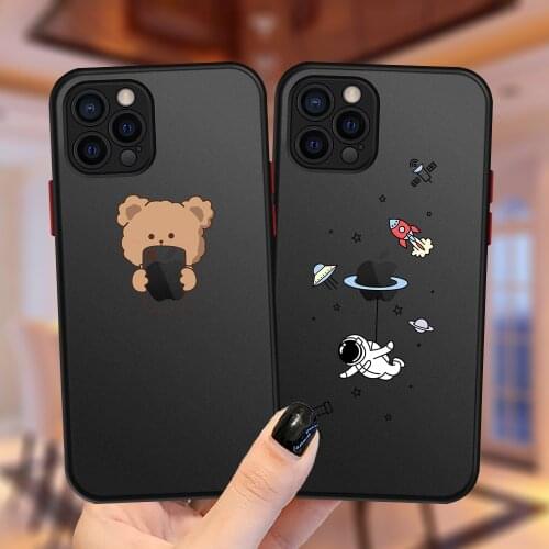 For iPhone 11 12 Pro XS Max X XR 7 8 Plus 6 6S Case Cute Bear Art Astronaut Star Space Soft Bumper Clear Matte PC Back Cover